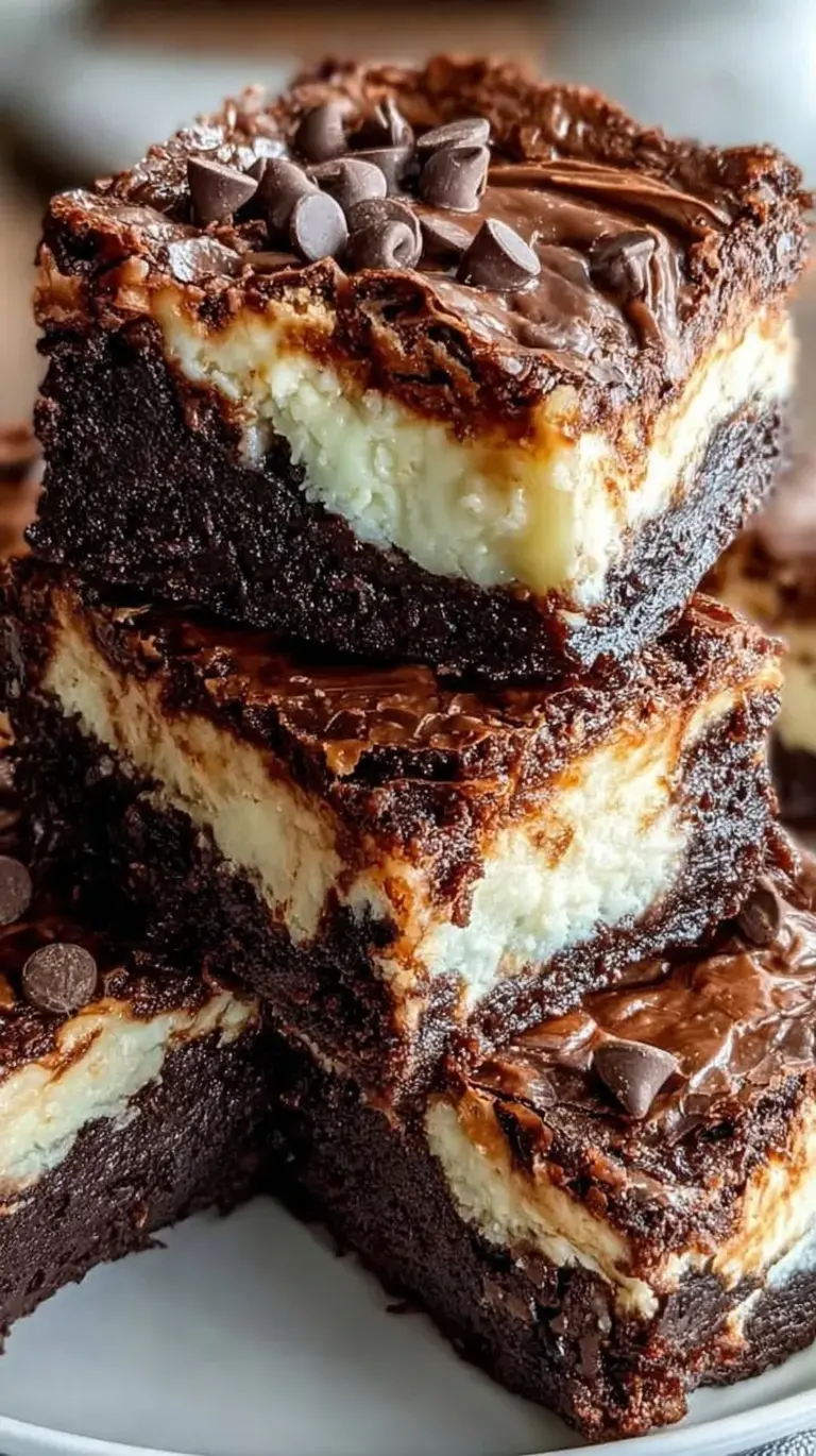A stack of fudgy chocolate brownies topped with melted chocolate chips on a white plate.