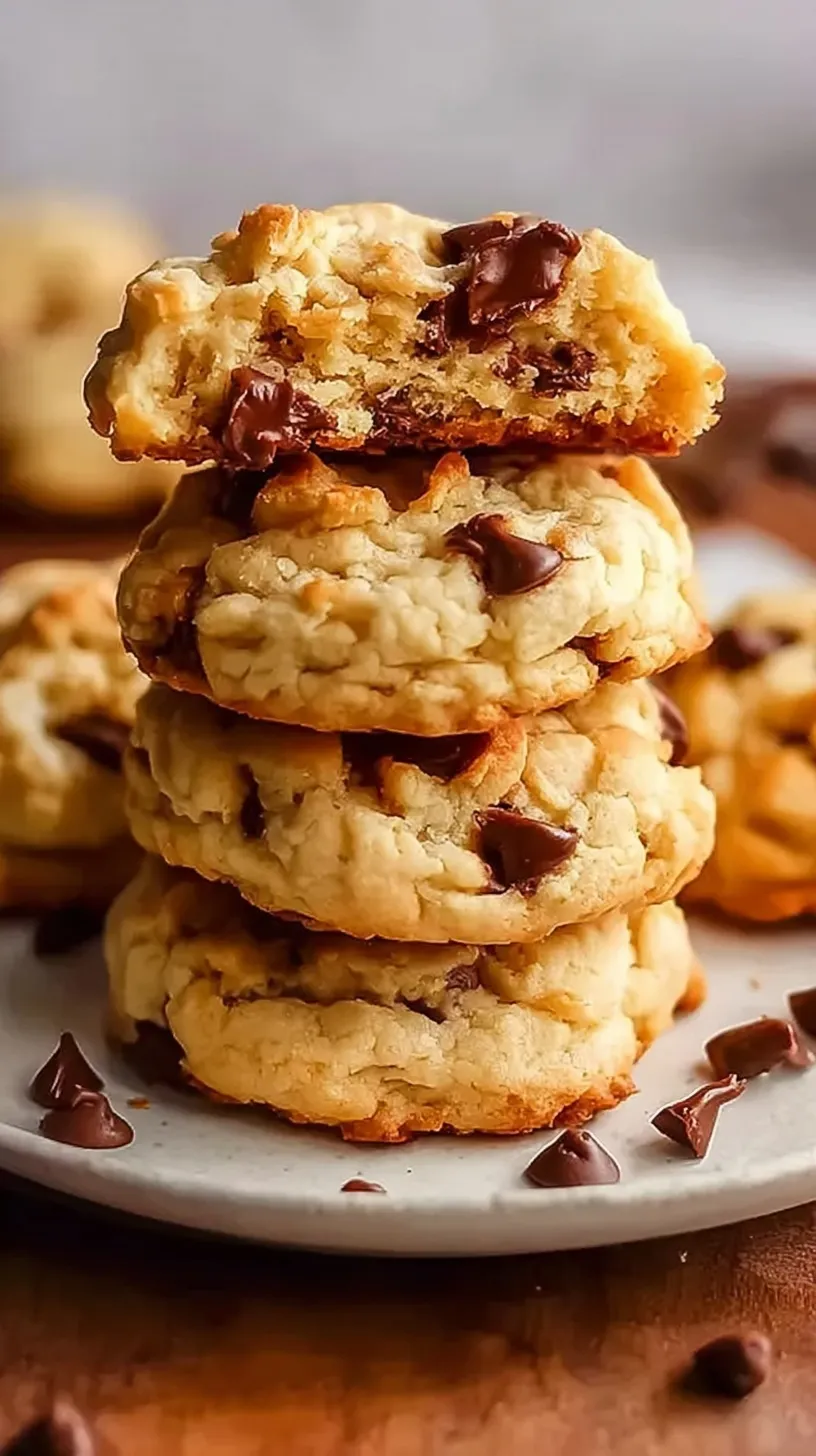 A stack of soft cottage cheese protein cookies with melted chocolate chips on a cooling rack.