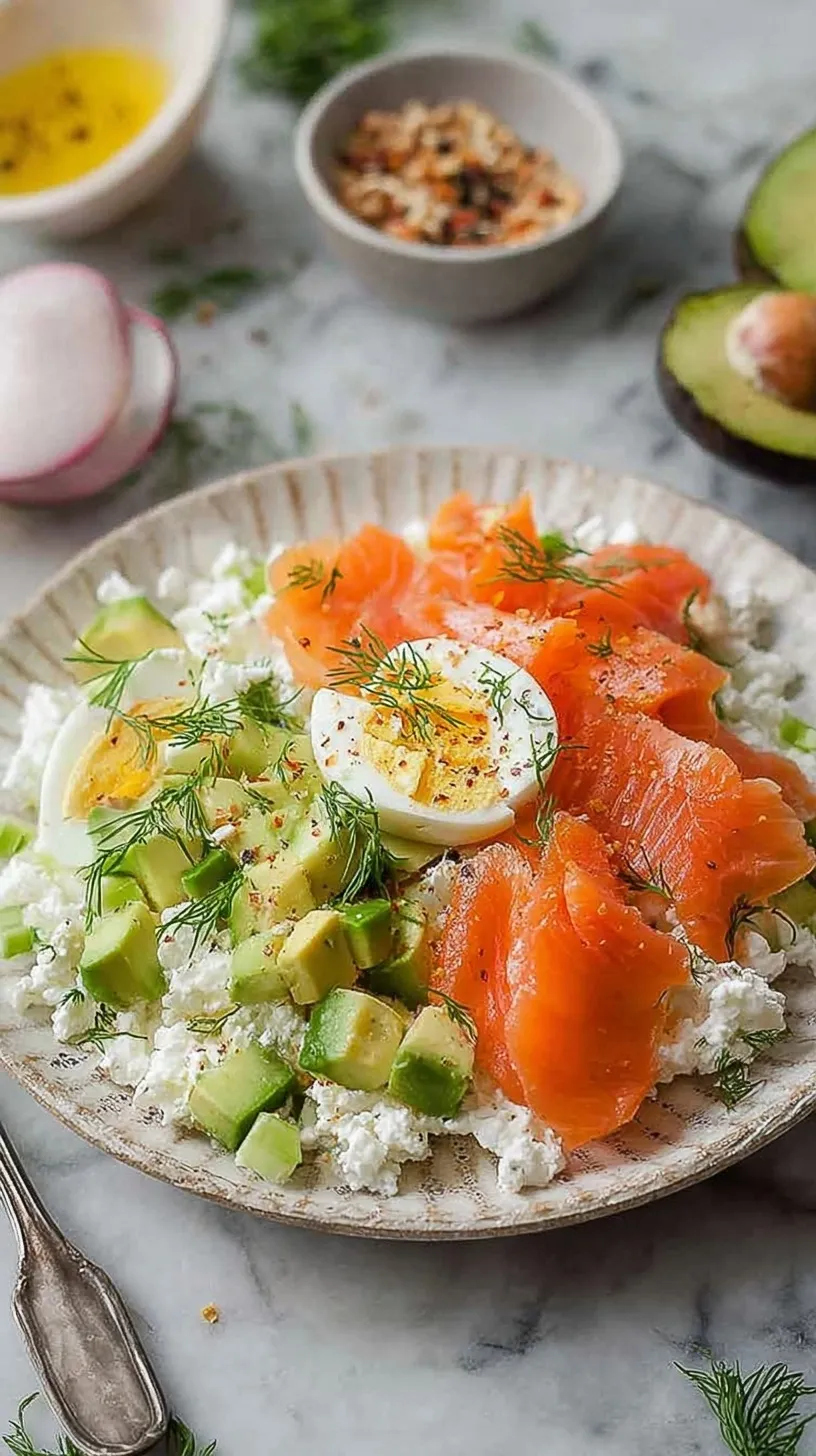 A bright bowl of cottage cheese salad topped with smoked salmon ribbons and diced avocado.