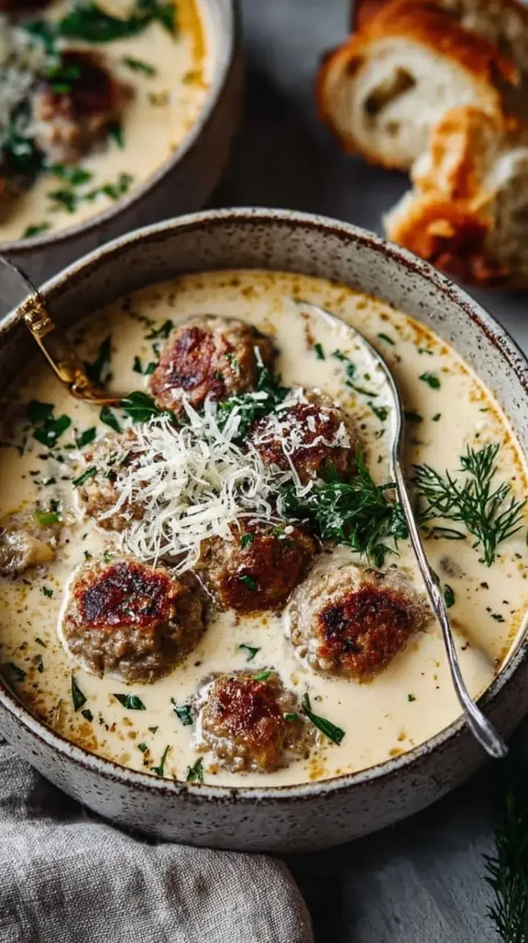 A bowl of creamy Swedish meatball soup with egg noodles and fresh parsley garnish