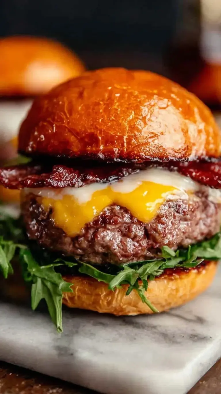 A juicy crack burger with melted cheddar, bacon bits, and green onions on a toasted brioche bun.