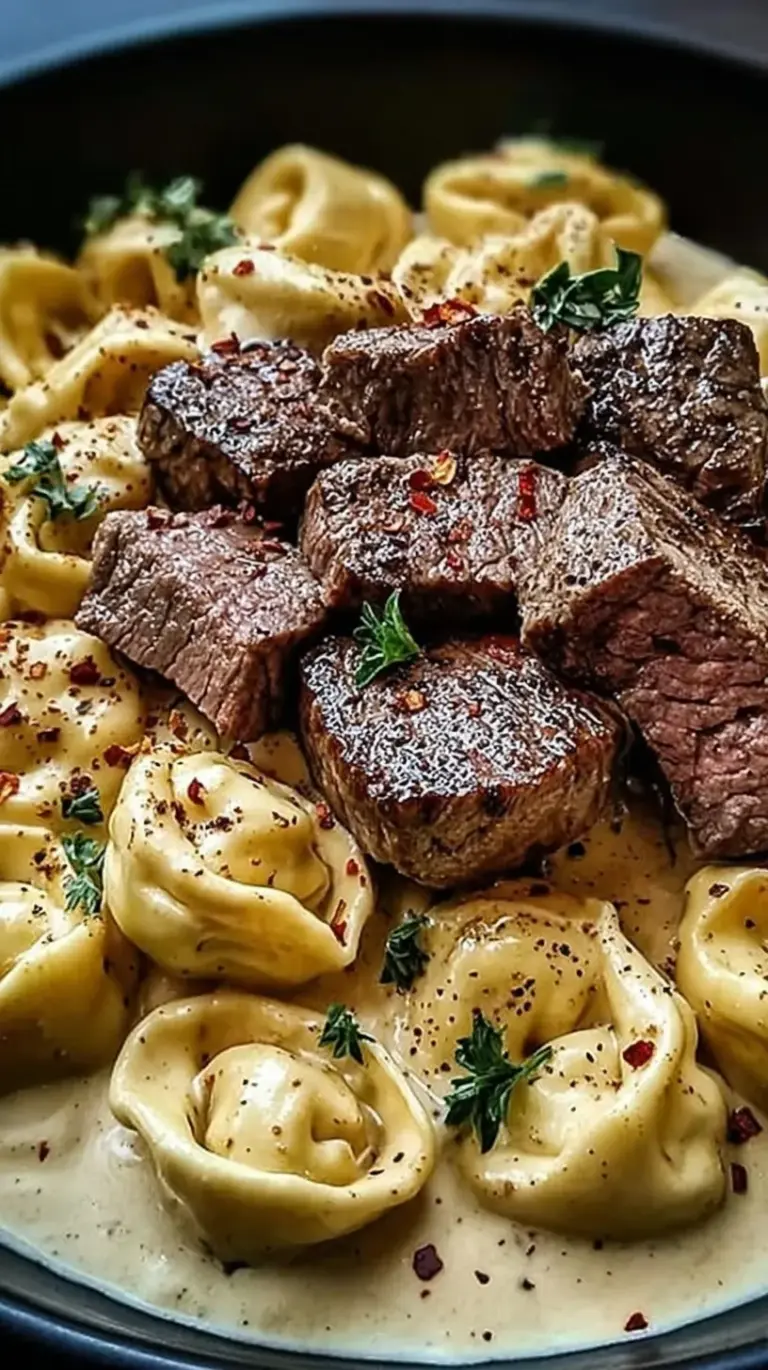 Seared steak cubes and cheese tortellini in a garlic parmesan cream sauce garnished with parsley.