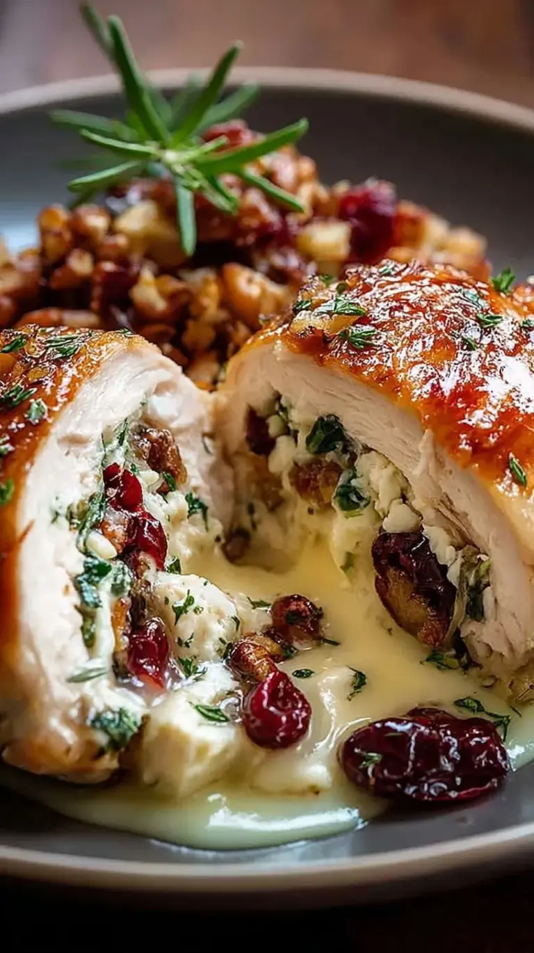Golden brown pan-seared chicken breast stuffed with melted brie cheese and red cranberry sauce.