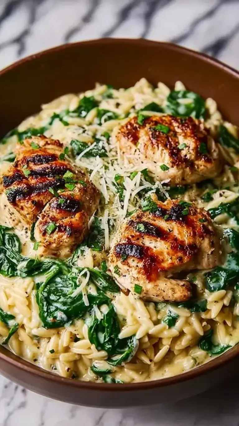 A skillet of creamy orzo with golden chicken pieces and wilted green spinach