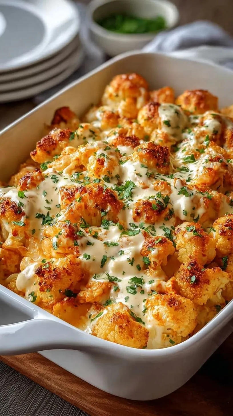 A bubbling buffalo chicken cauliflower casserole topped with melted cheddar cheese and blue cheese crumbles in a white baking dish.