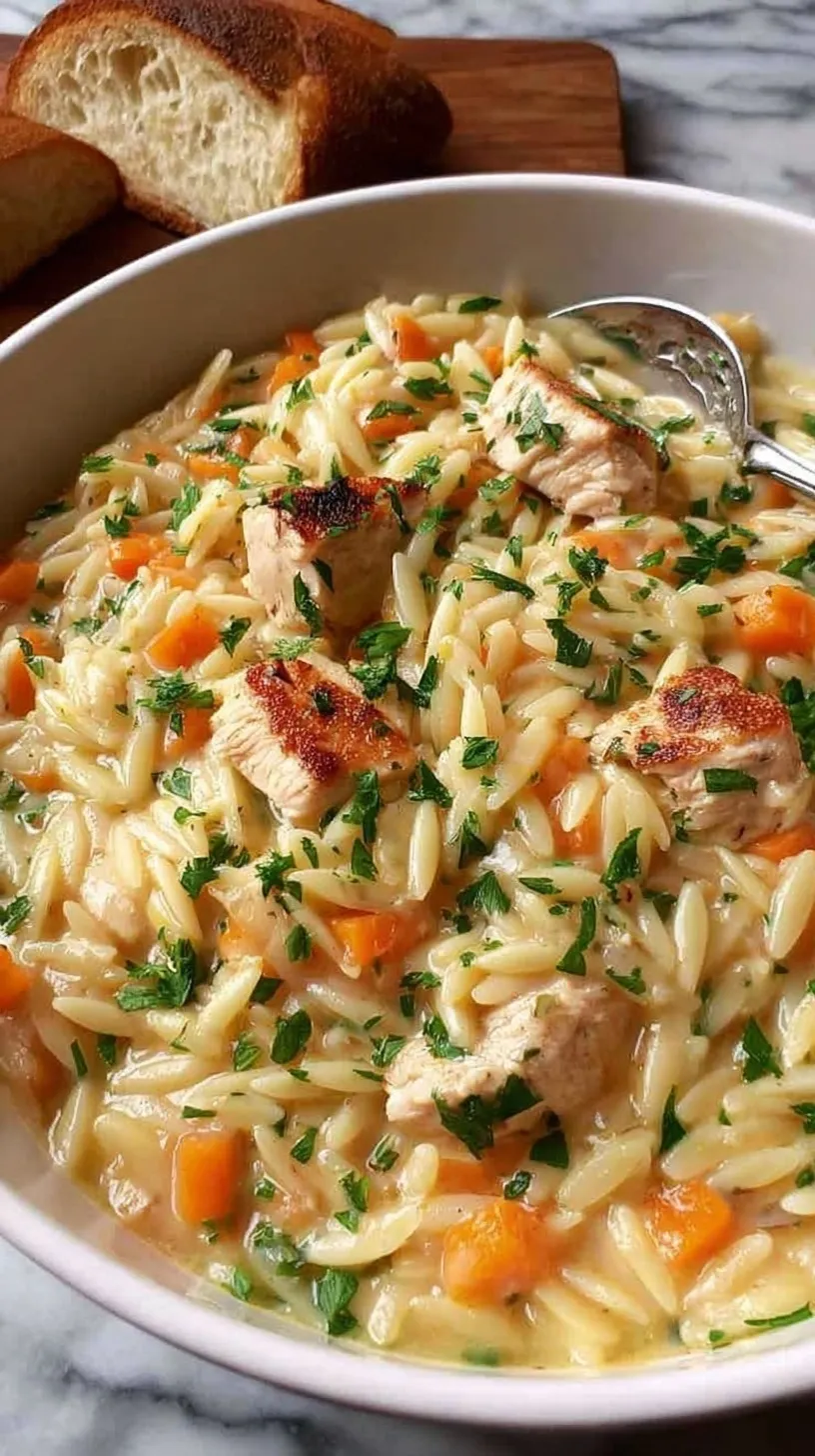 A steaming bowl of creamy chicken pot pie orzo with vibrant peas and carrots
