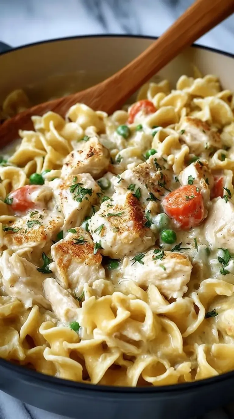 A skillet filled with creamy chicken pot pie pasta featuring rotini, peas, and carrots in a rich herb sauce.