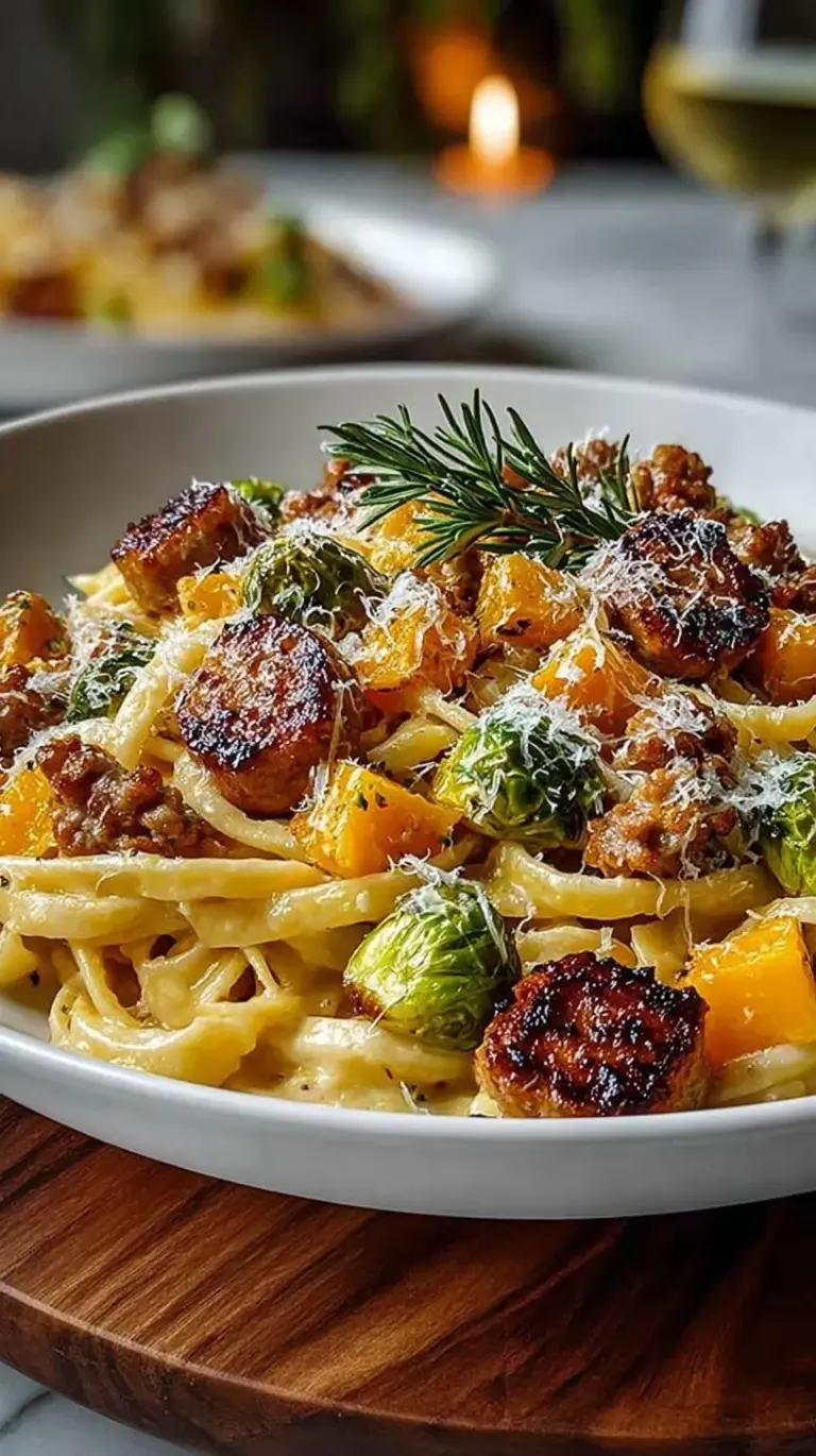 A bowl of creamy rigatoni pasta with browned sausage and cubes of butternut squash topped with fresh sage.