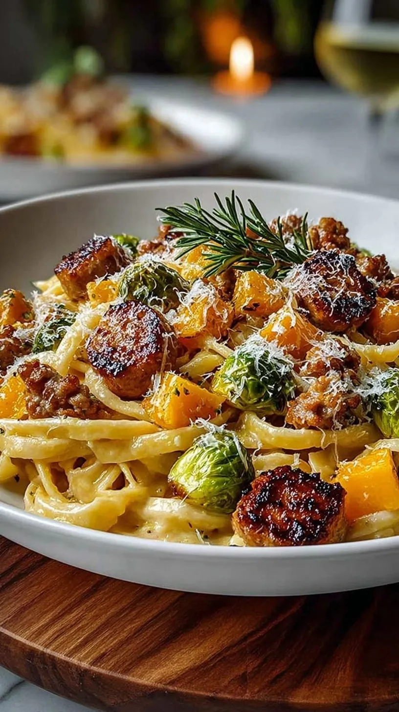 A bowl of creamy rigatoni pasta with browned sausage and cubes of butternut squash topped with fresh sage.