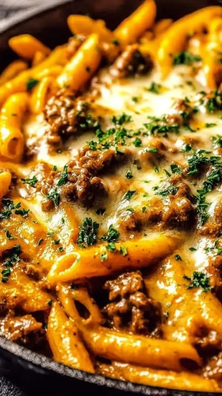 A steaming bowl of creamy beef pasta garnished with fresh green parsley