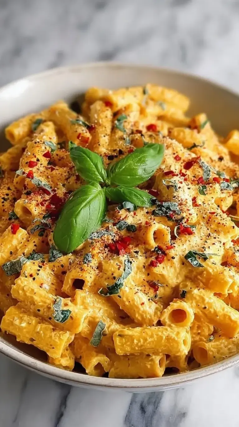 A bowl of creamy penne pasta with a silky cottage cheese sauce and fresh herbs.