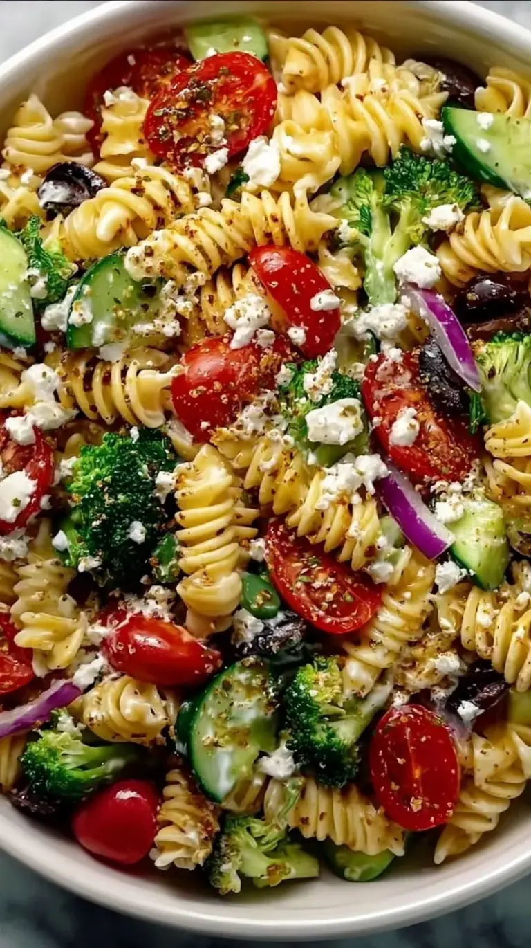 A colorful bowl of creamy high protein pasta salad with chickpea penne, diced chicken, and fresh vegetables.