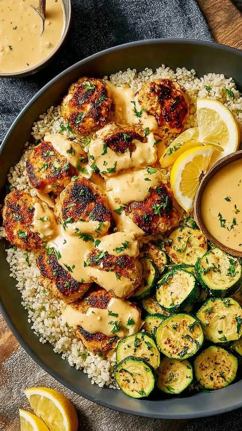 Golden pan-seared chicken breasts smothered in lemon cream sauce next to crispy panko zucchini rounds.