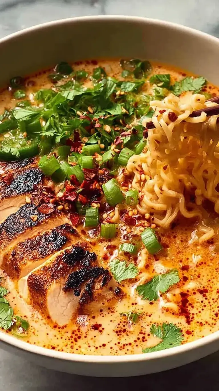 A bowl of creamy ramen topped with sliced seared chicken, sundried tomatoes, and fresh spinach.