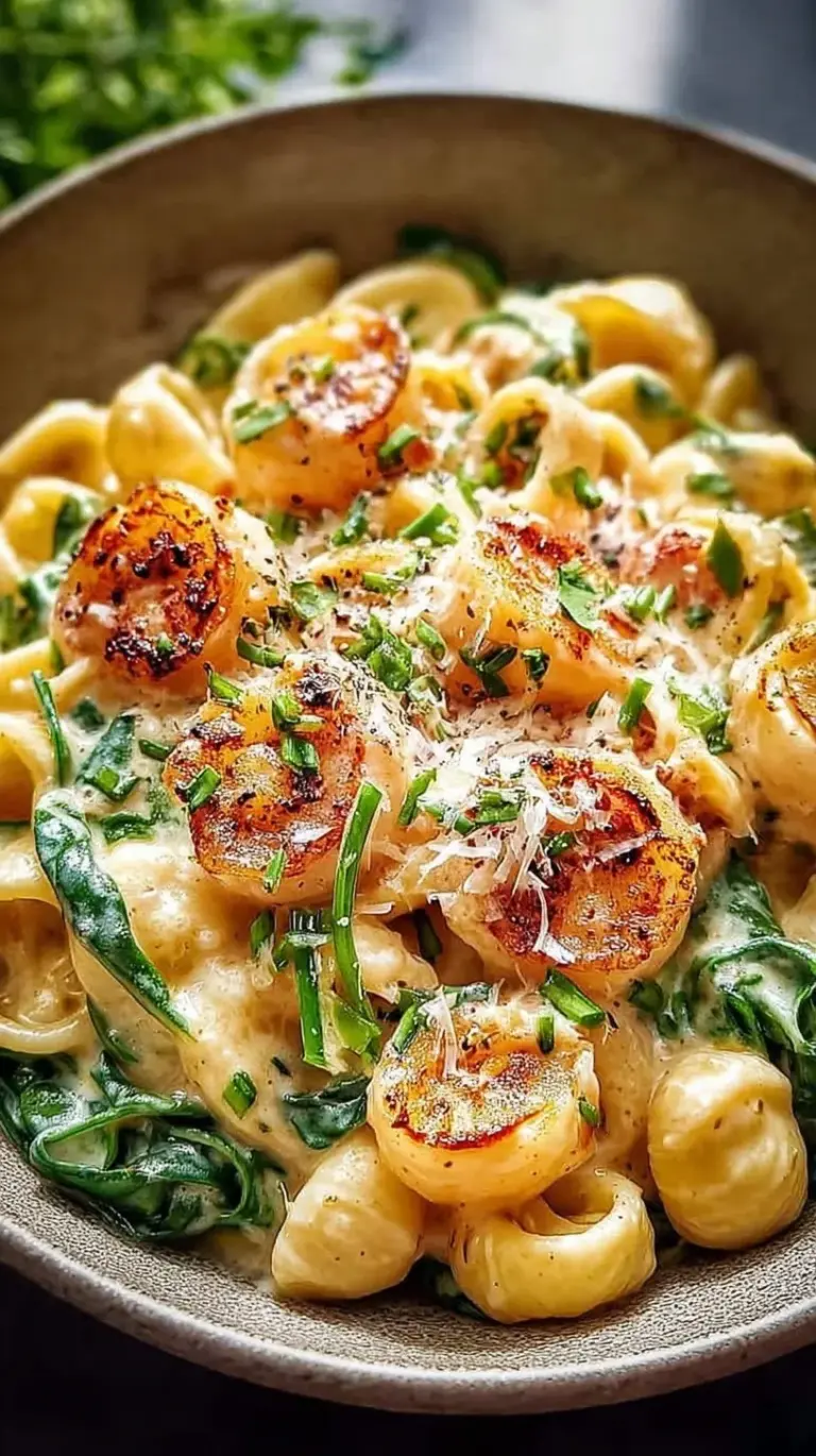 A creamy protein-packed pasta bowl with grilled chicken, spinach, and chickpea penne in a white ceramic bowl.
