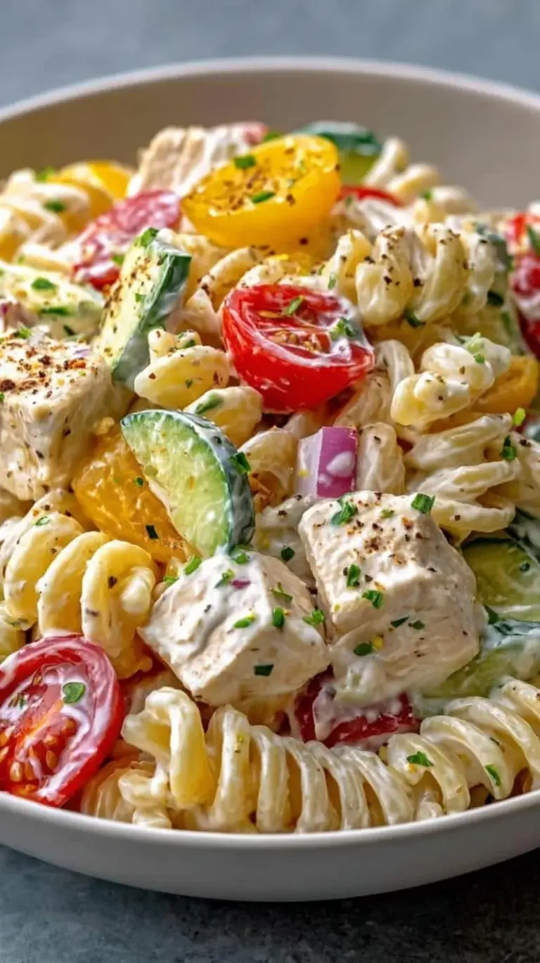 A colorful bowl of creamy ranch pasta salad with cherry tomatoes and chicken