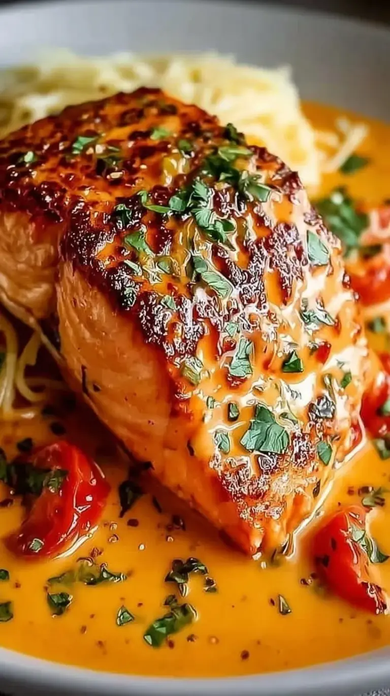 Pan-seared salmon fillets in a vibrant orange roasted red pepper cream sauce with spinach.