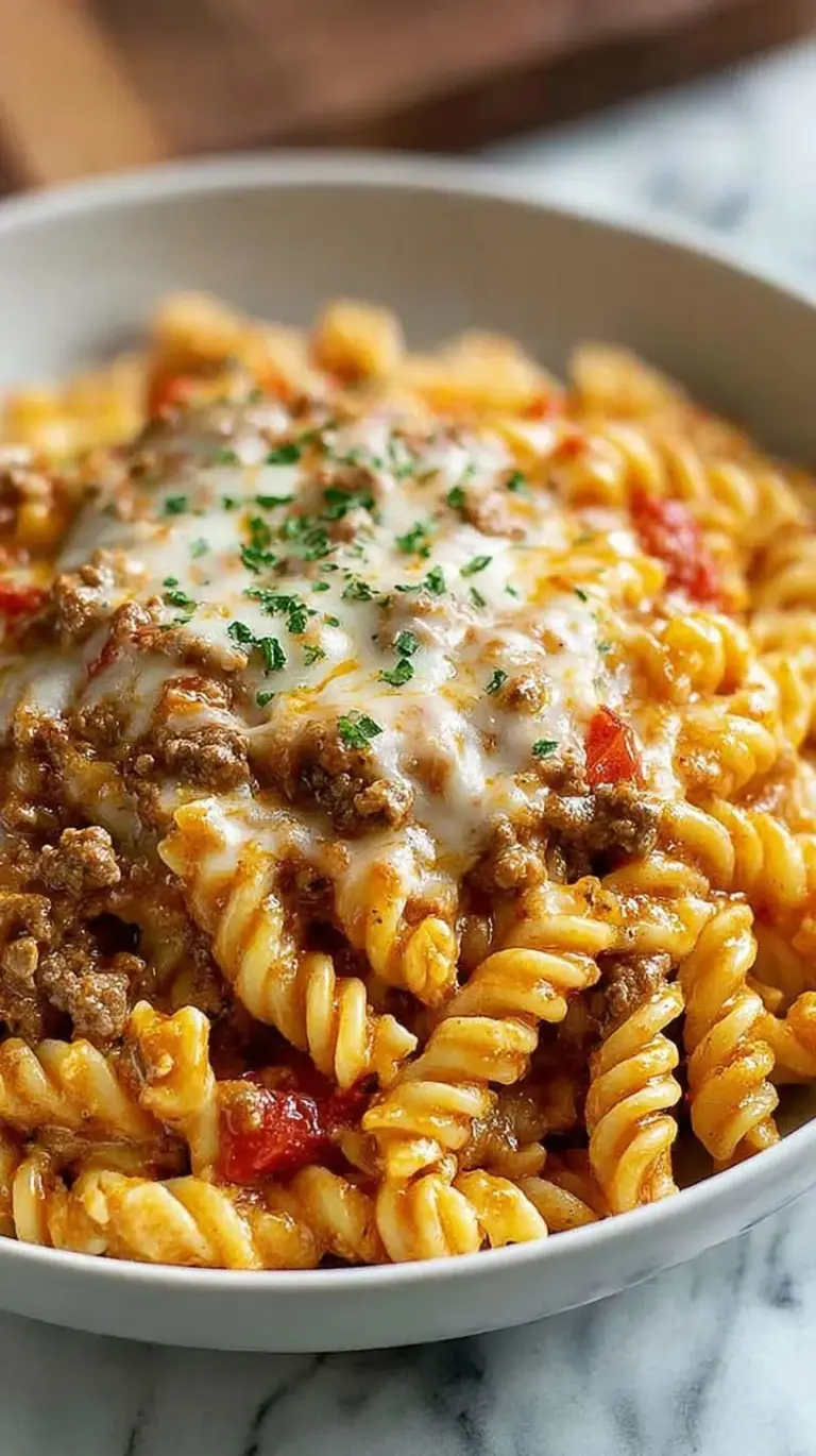 A skillet filled with creamy rotini pasta, ground beef, and melted cheddar cheese in a zesty tomato sauce.