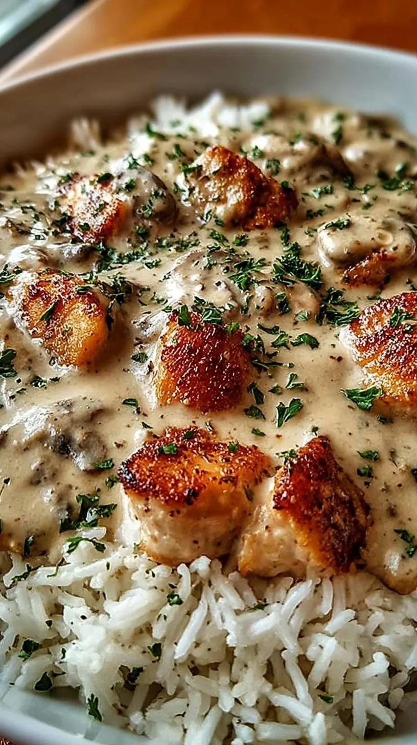 Golden pan-seared chicken thighs smothered in creamy mushroom gravy over white rice