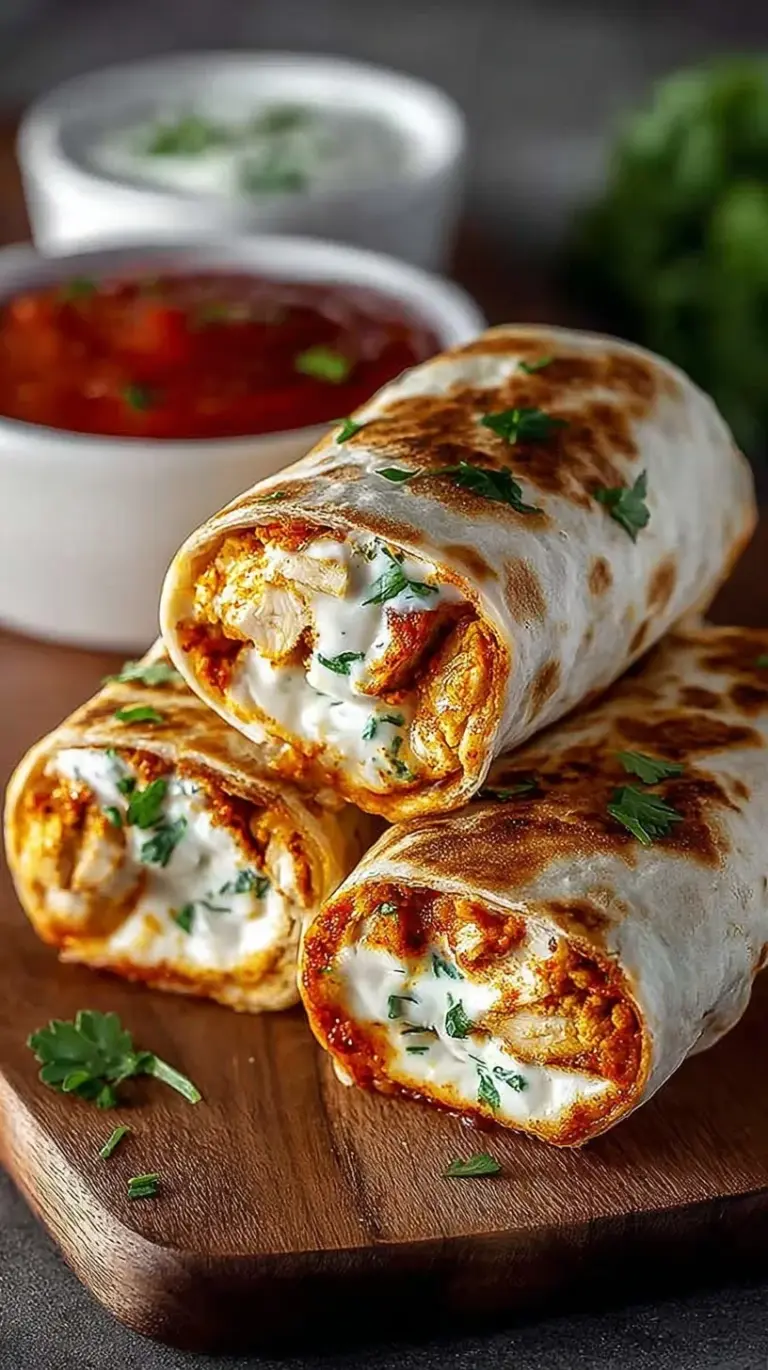 Golden brown crispy air fryer chicken wraps sliced in half with melted mozzarella cheese inside
