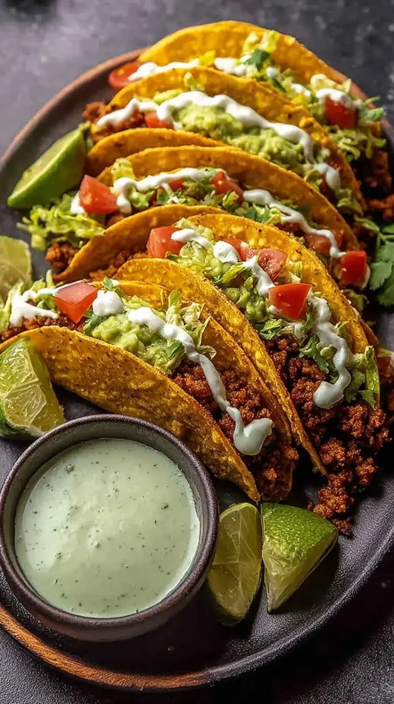 A row of crispy baked turkey tacos in a baking dish topped with green avocado sauce