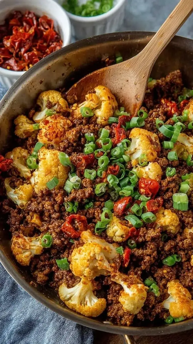 A cast iron skillet filled with browned ground beef, charred cauliflower florets, and sliced green scallions.
