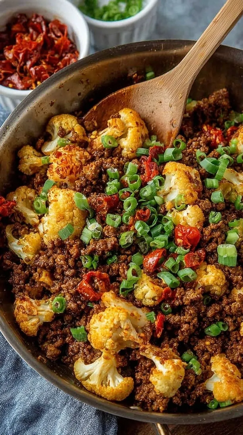 A cast iron skillet filled with browned ground beef, charred cauliflower florets, and sliced green scallions.