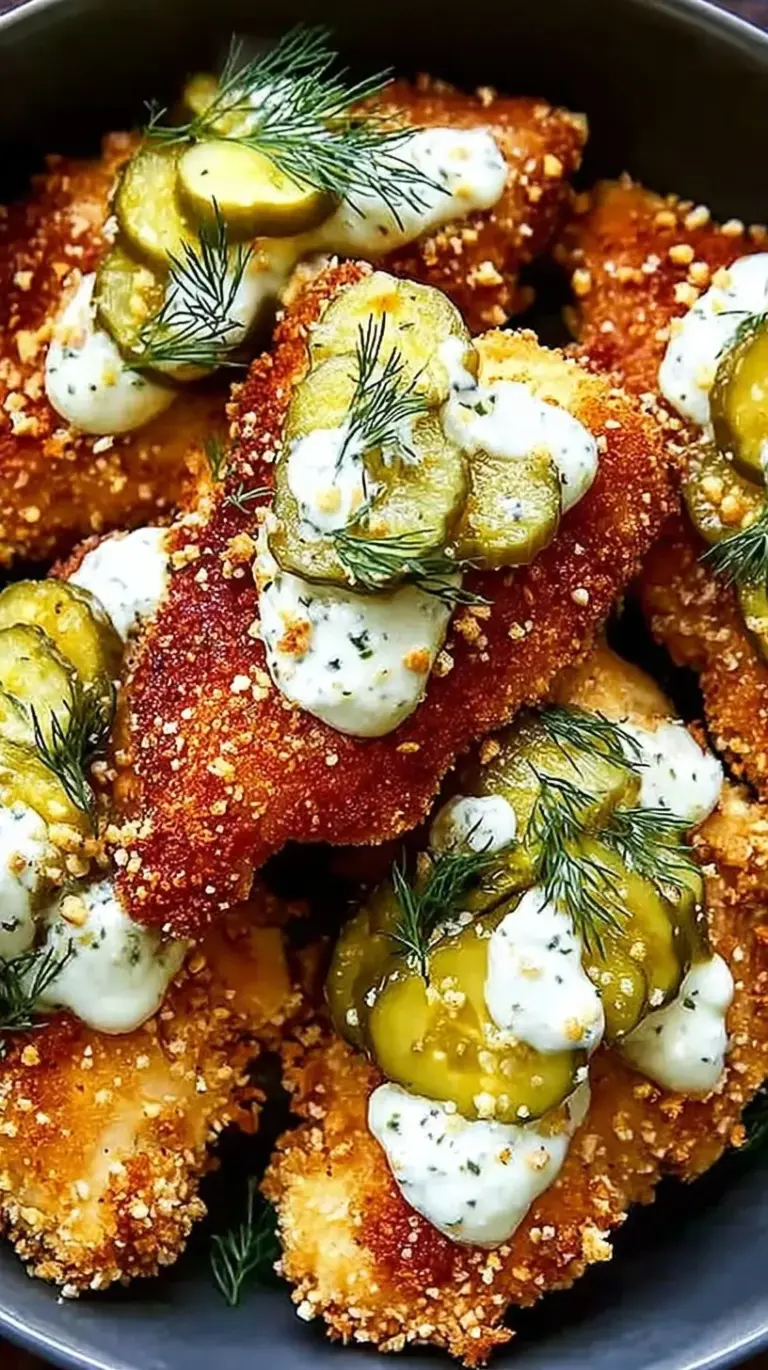 Golden brown crispy chicken cutlets coated in parmesan and dill breading on a wire rack.