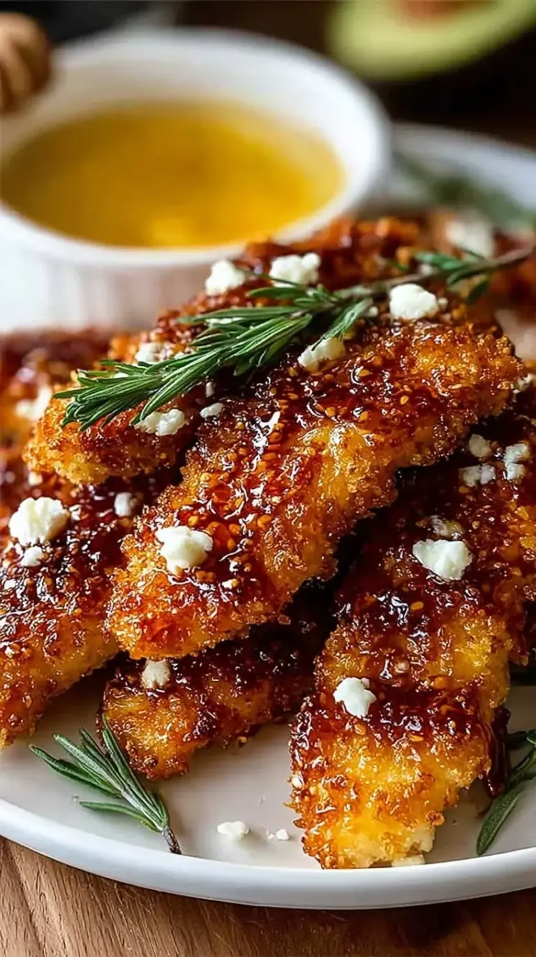 Golden brown crispy chicken nuggets glazed in hot honey and topped with white feta cheese and green parsley