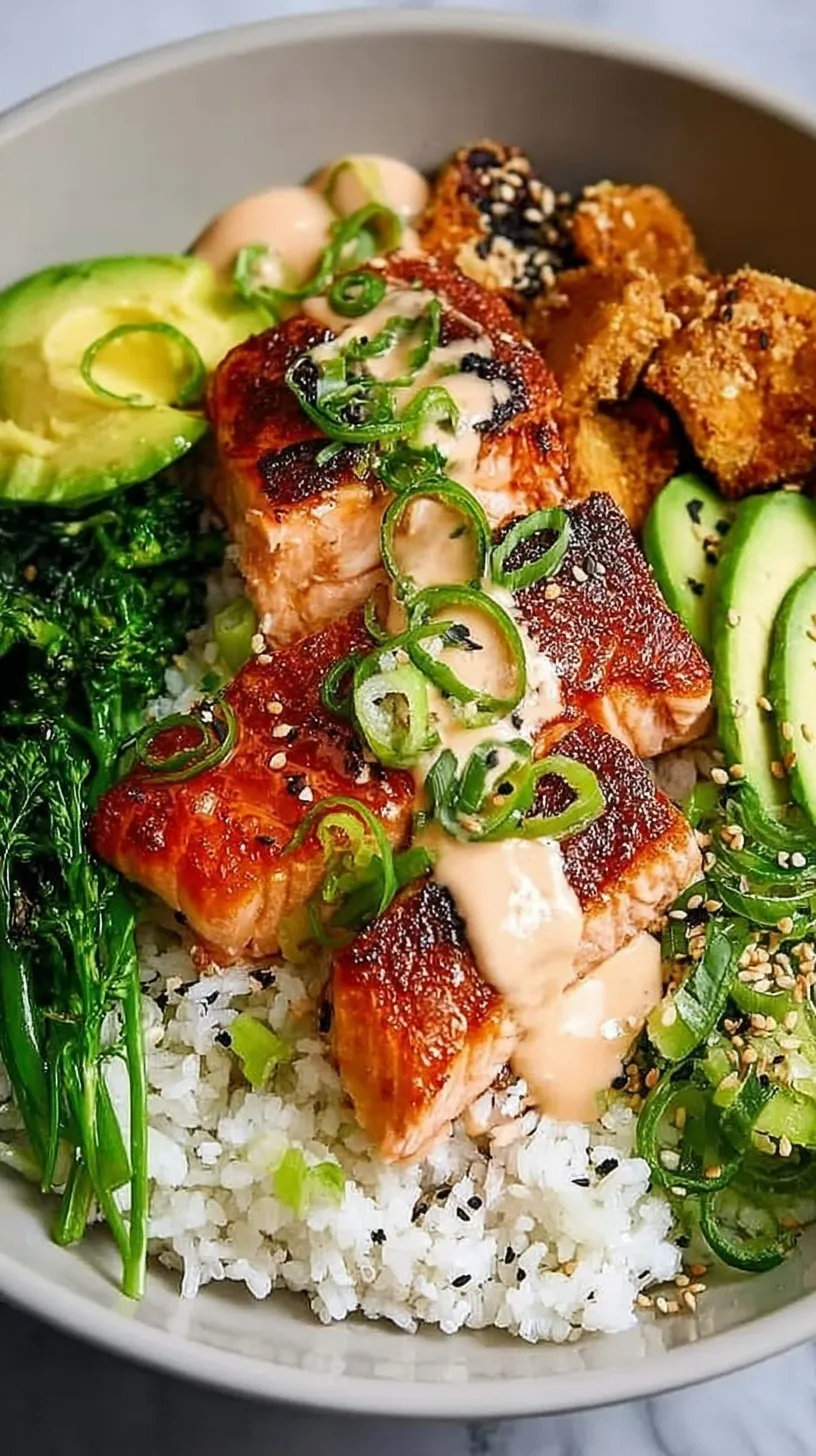 Two bowls filled with jasmine rice, seared salmon cubes, cucumber, avocado, and edamame drizzled with spicy mayo.