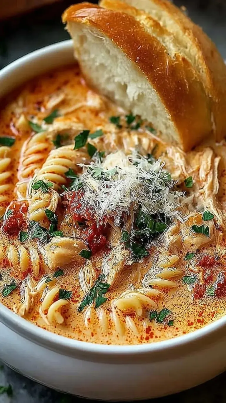 A white bowl filled with tomato-based chicken parmesan soup topped with melted mozzarella and fresh parsley.