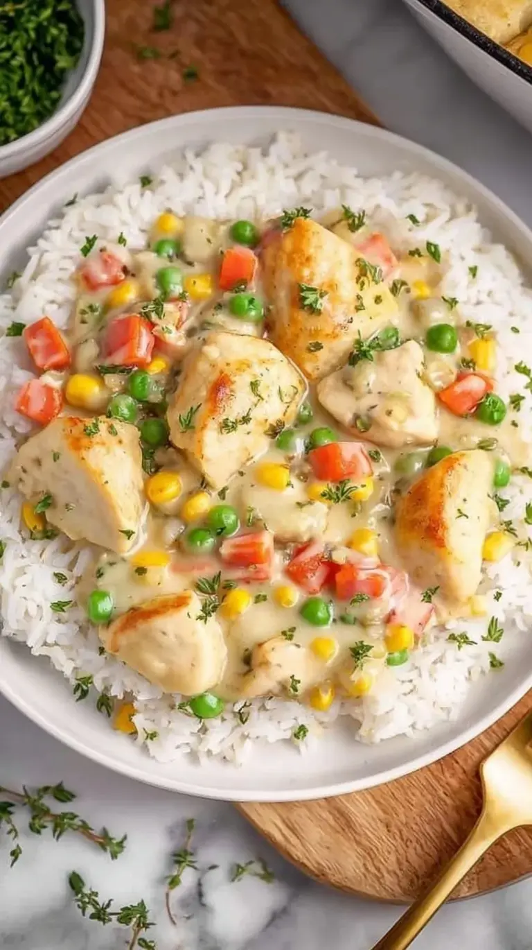 A creamy skillet of crustless chicken pot pie with carrots, peas, and fresh parsley.