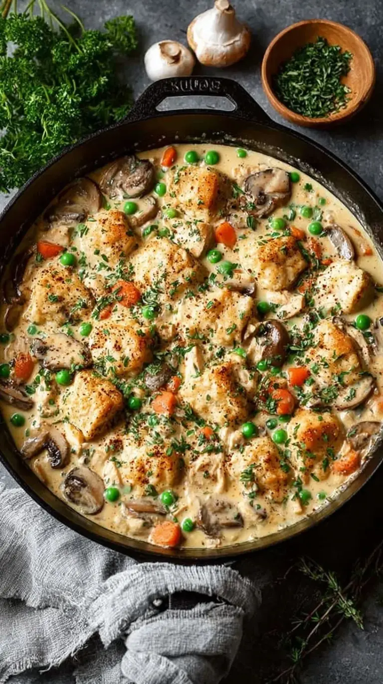 A steaming iron skillet filled with creamy chicken, bright orange carrots, and green peas in a savory herb gravy.