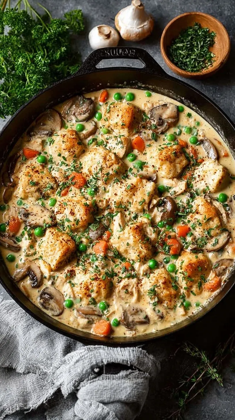 A steaming iron skillet filled with creamy chicken, bright orange carrots, and green peas in a savory herb gravy.