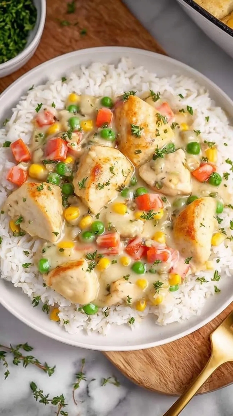 A creamy skillet of crustless chicken pot pie with carrots, peas, and fresh parsley.