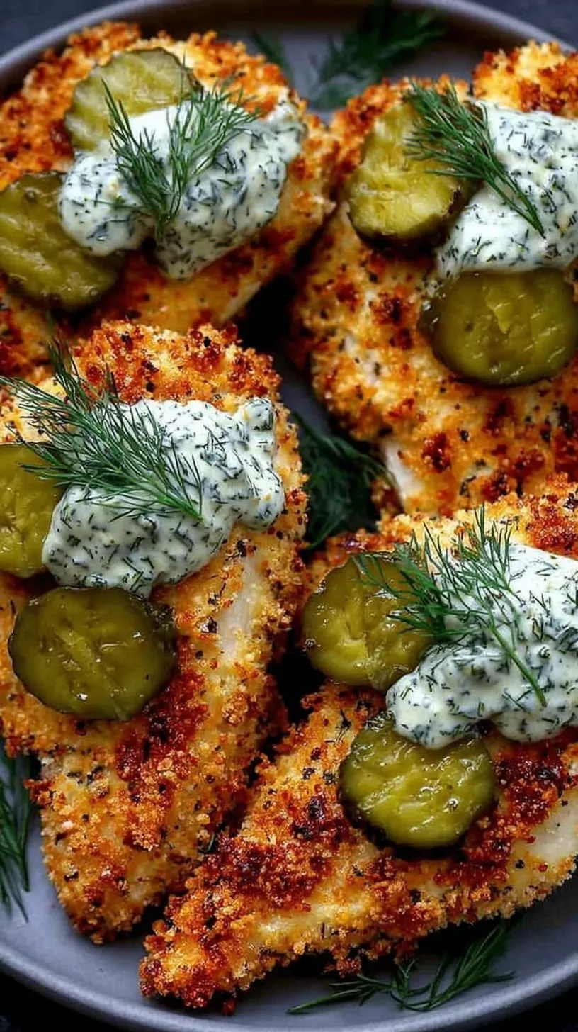 Golden brown breaded chicken breasts on a baking sheet with dill and pickles