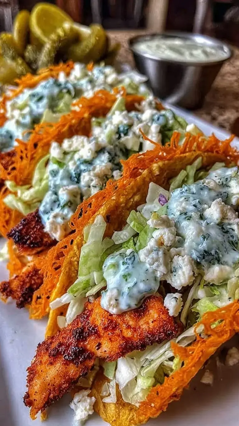 Golden brown smash chicken tacos with a lacy cheese edge, topped with pickles and ranch drizzle.