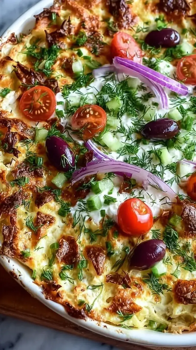 A colorful Mediterranean chicken and rice casserole topped with fresh cucumbers, feta cheese, and kalamata olives in a white ceramic dish.