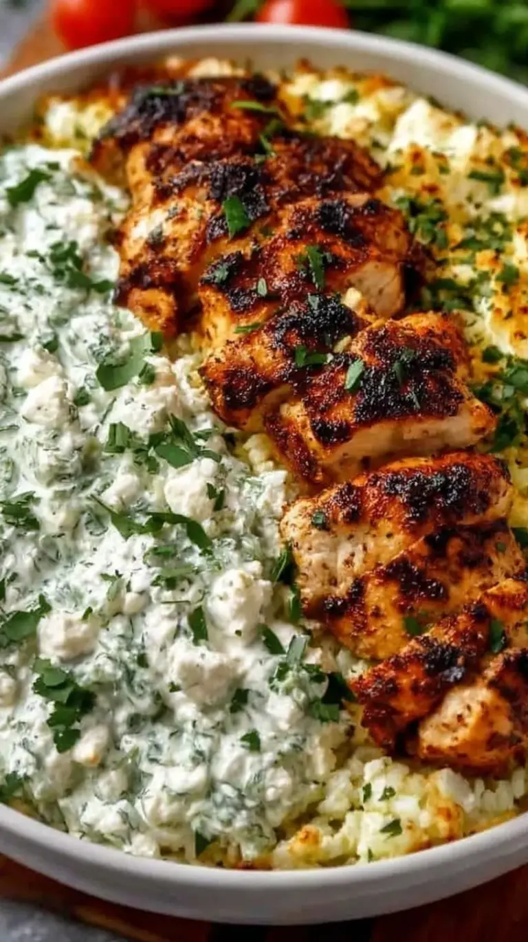 A white baking dish filled with rotini pasta, cubed chicken, creamy tzatziki, fresh cucumbers, and feta cheese.