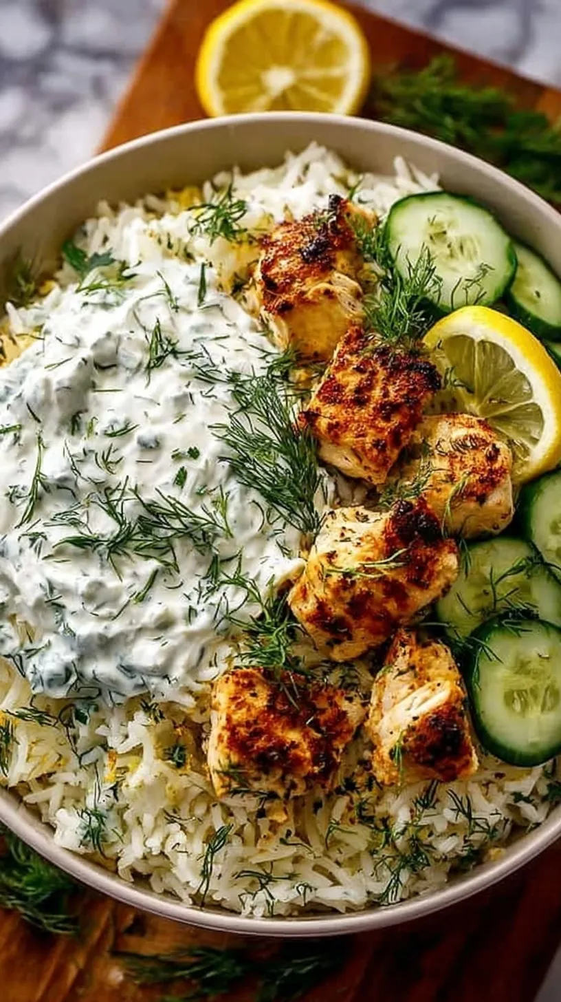 A 9x13 baking dish filled with Mediterranean chicken and rice, topped with feta, olives, and fresh cucumber.