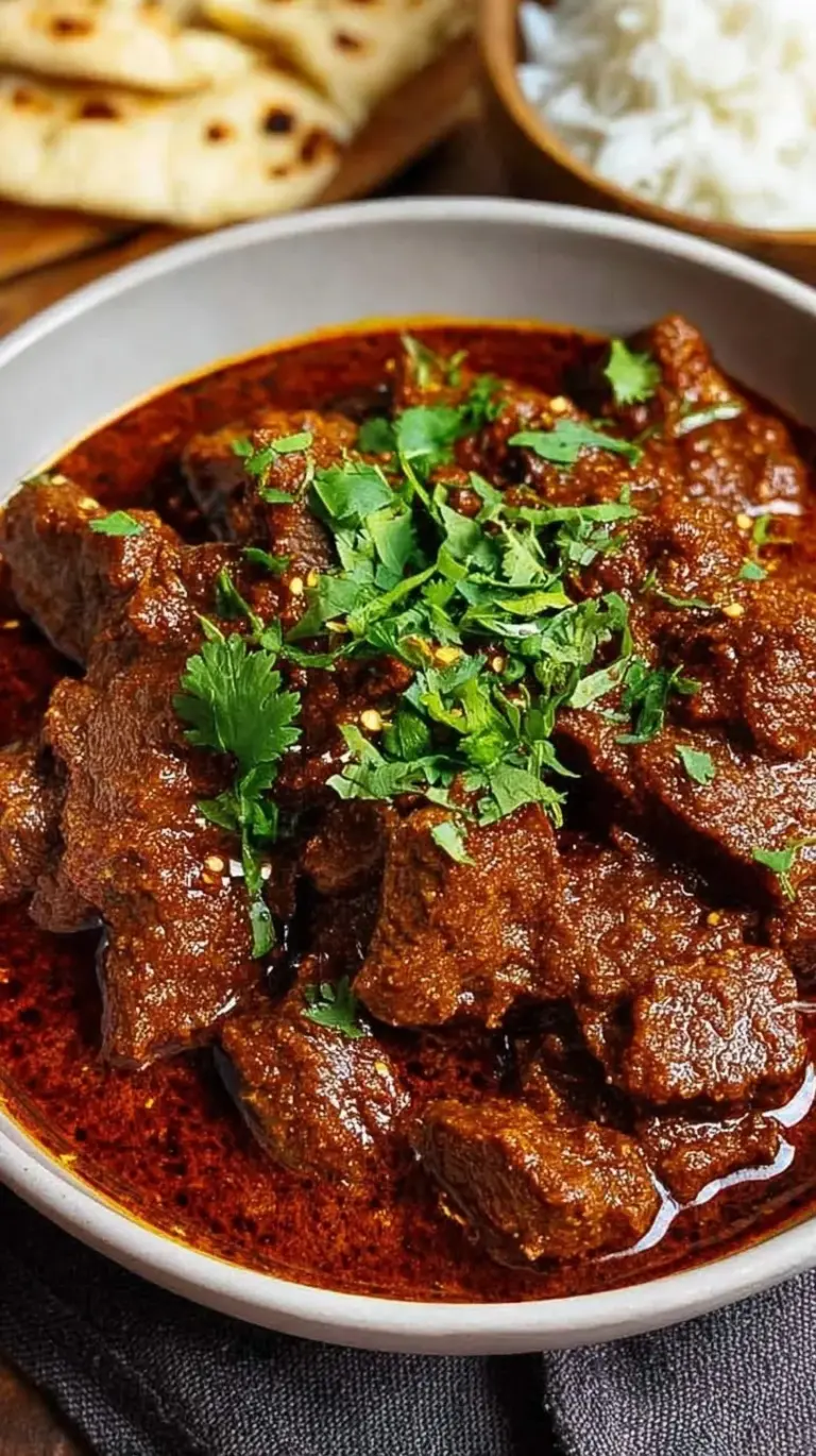 A bowl of rich red beef vindaloo garnished with fresh cilantro served over white rice.