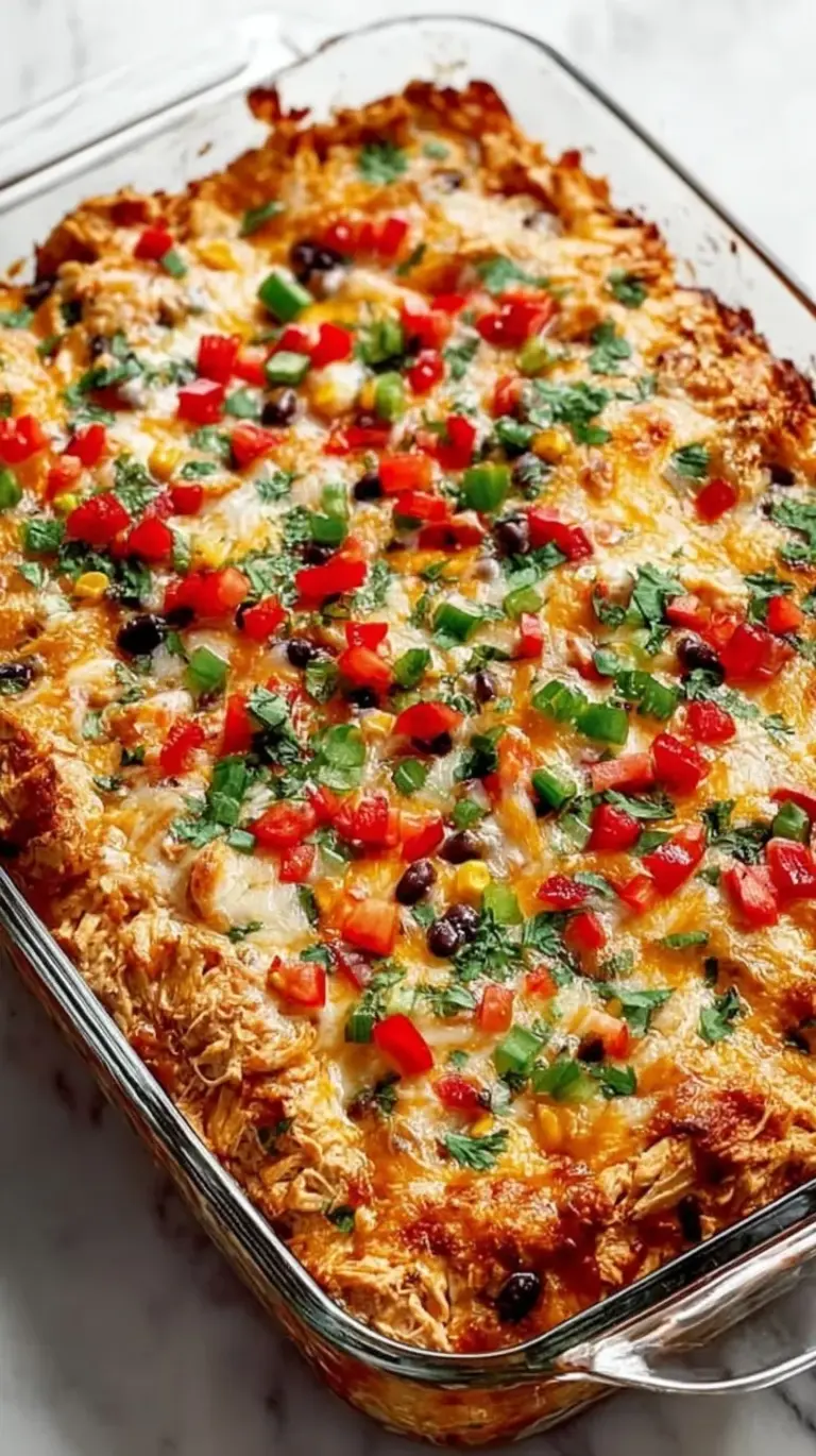 A bubbling Easy Chicken Burrito Casserole in a glass baking dish topped with fresh cilantro and dollops of sour cream.