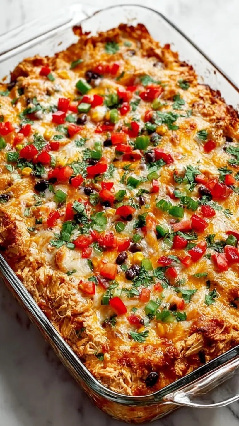 A bubbling Easy Chicken Burrito Casserole in a glass baking dish topped with fresh cilantro and dollops of sour cream.