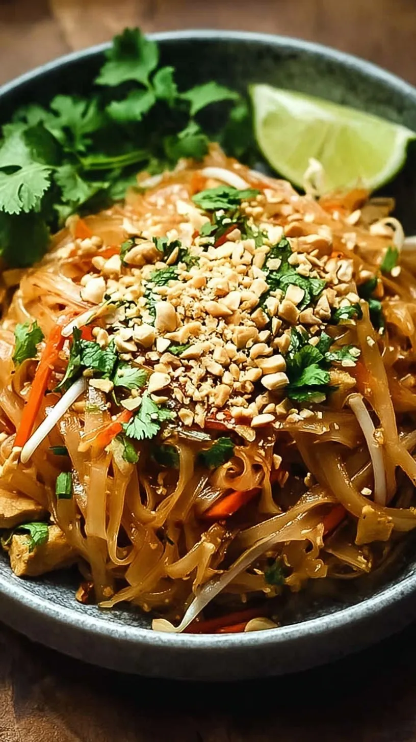 A vibrant plate of Easy Chicken Pad Thai with crushed peanuts, green onions, and lime wedges