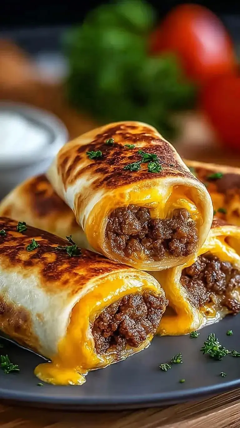 Golden brown beef cheeseburger rollups on a baking sheet with melted cheese and garlic butter glaze.