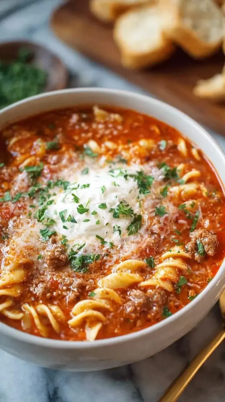 A bowl of steaming lasagna soup topped with a dollop of ricotta and melted mozzarella cheese.