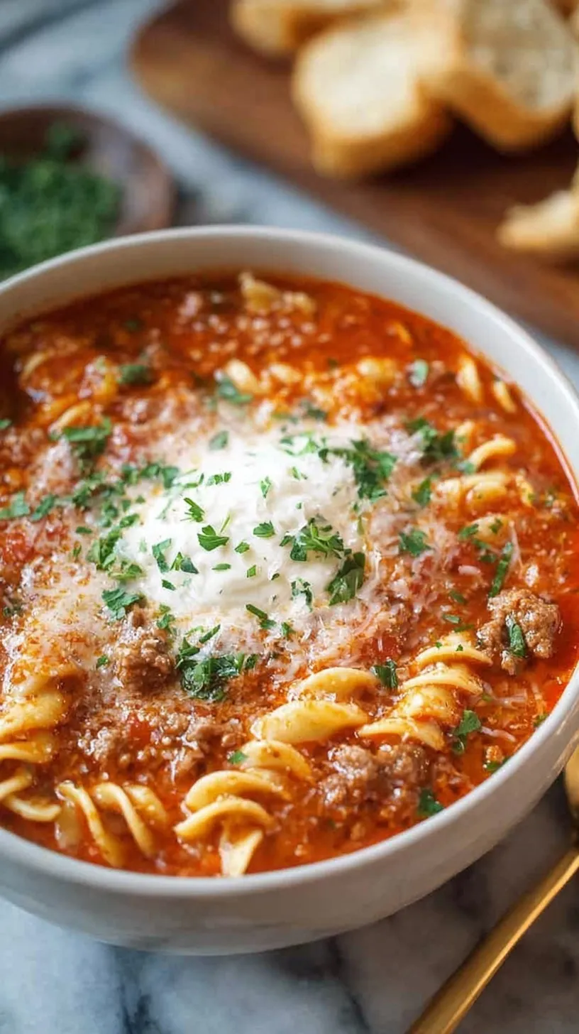 A bowl of steaming lasagna soup topped with a dollop of ricotta and melted mozzarella cheese.