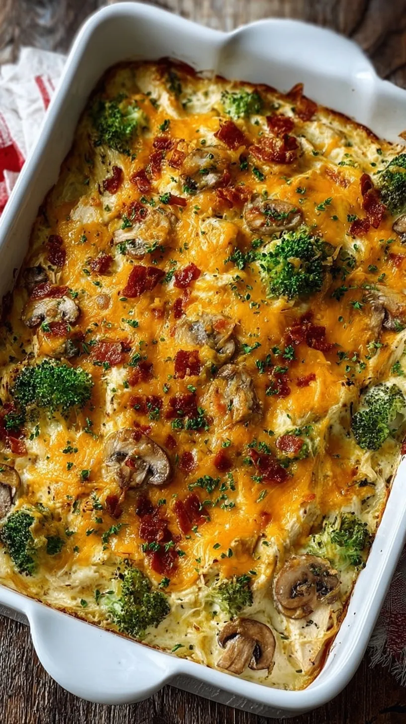 A golden, bubbly low carb chicken and broccoli casserole in a white ceramic baking dish.