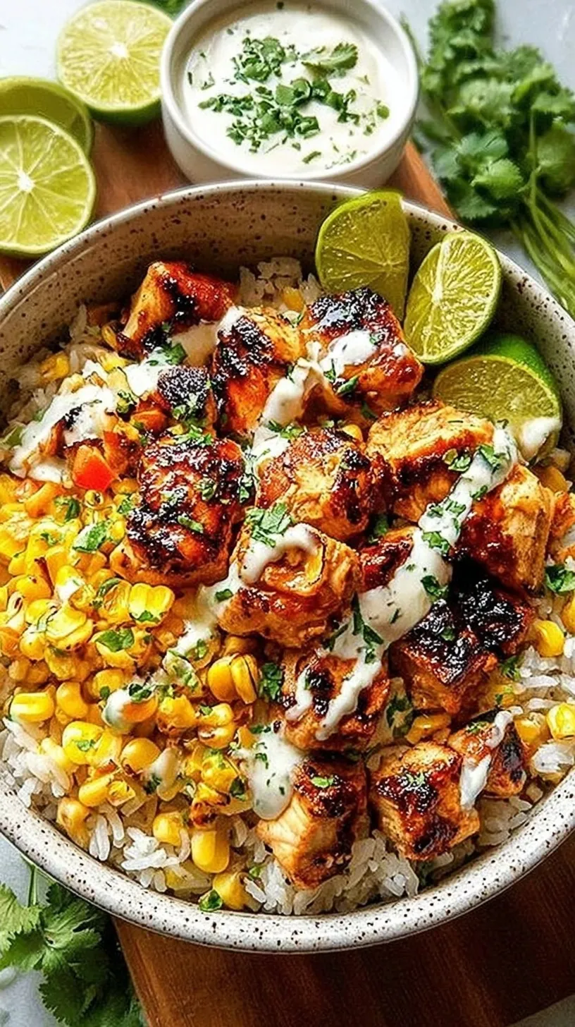 A colorful rice bowl topped with spiced chicken, charred corn, jalapeños, and creamy elote dressing.