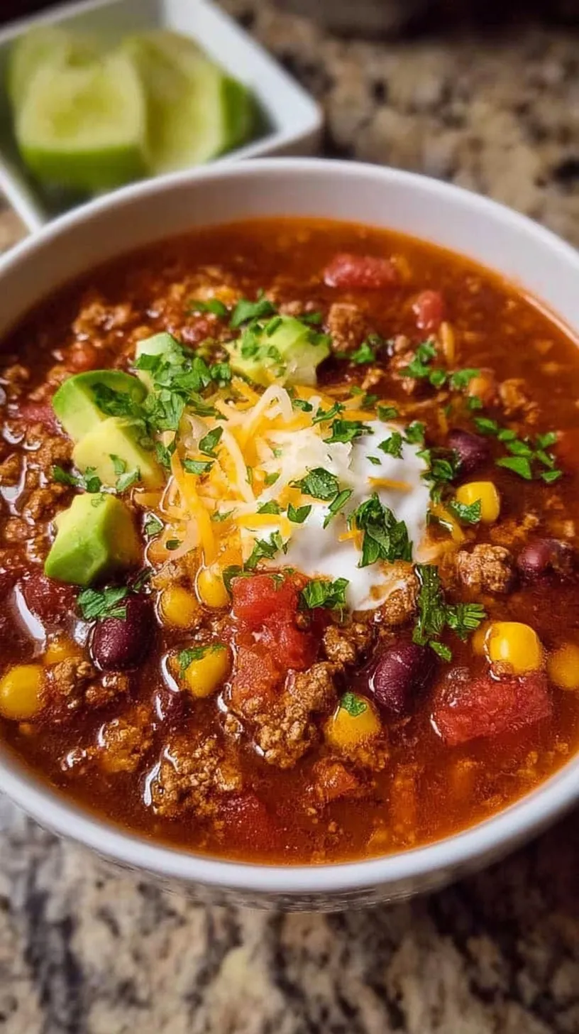 A steaming bowl of zesty taco soup topped with shredded cheese and sour cream.